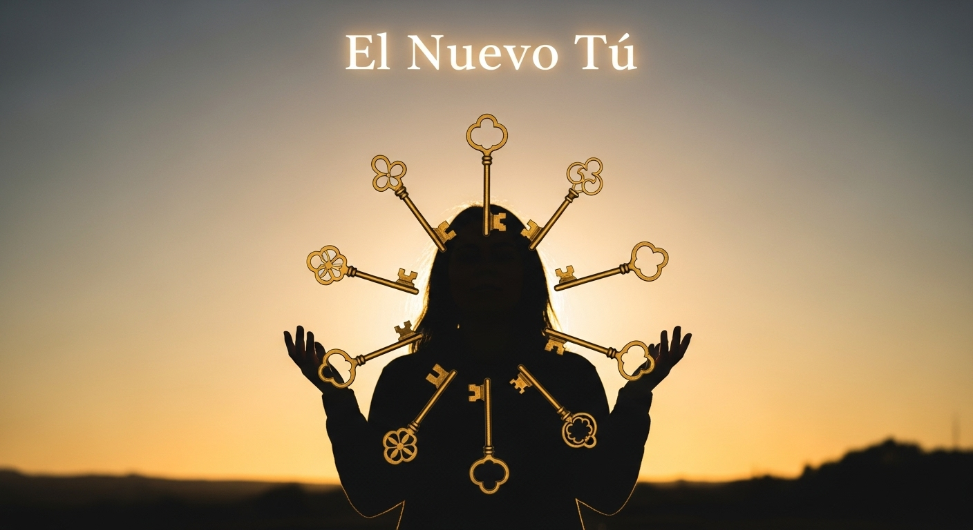 Persona transformada irradiando luz dorada con las 7 llaves flotando a su alrededor